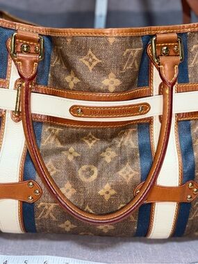 Louis Vuitton Brown Monogram Canvas Tote with White and Navy Stripes